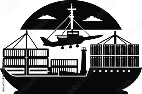 Modern icon set shipping containers, cranes, and a cargo ship illustrate the global logistics and transportation industry silhouettes vector