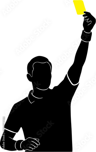 Soccer referee silhouette in black raising yellow card vector illustration