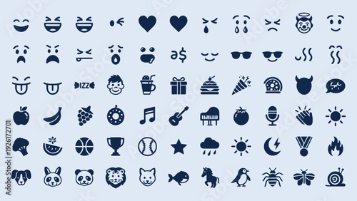 Variety of simple vector icons including emojis food items weather conditions sports and WIFI symbol
