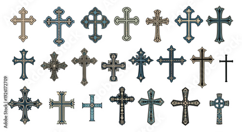 Assortment of ornate religious crosses with decorative elements, representing Christianity.