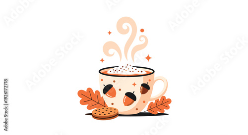 A comforting mug of steaming hot cocoa with whipped topping, decorated with autumn leaves and acorns, accompanied by a tasty cookie.