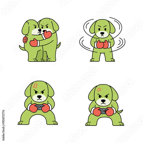 Cartoon dog in boxing gloves fighting with determination and anger