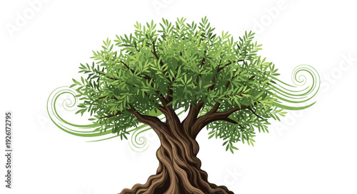 Stylized illustration of a vibrant green olive tree with a winding trunk, symbolizing nature and growth, on a clean white background.