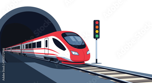 A sleek red and white high-speed train emerges from a dark tunnel, traveling on railway tracks alongside a signaling light indicating green.