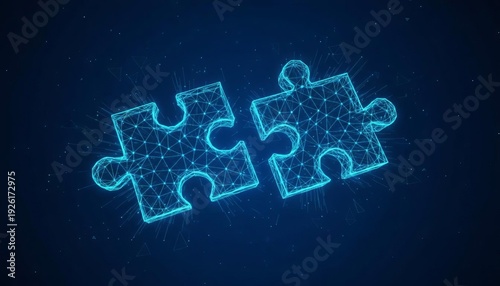 Connectivity and collaboration concept with glowing digital network puzzle pieces for solution, strategy, and problem-solving on a dark blue background.