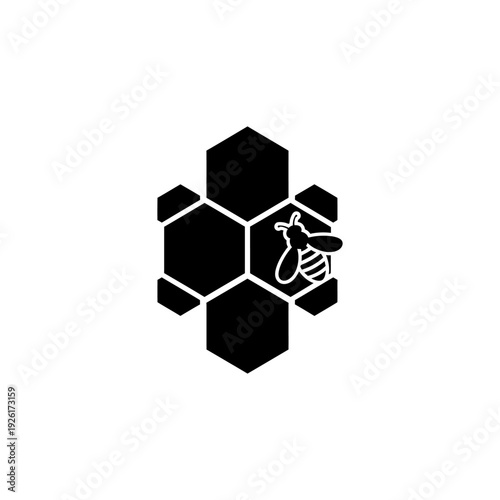flat vector silhouette icon of honeycomb hexagon with small bee, minimal detail