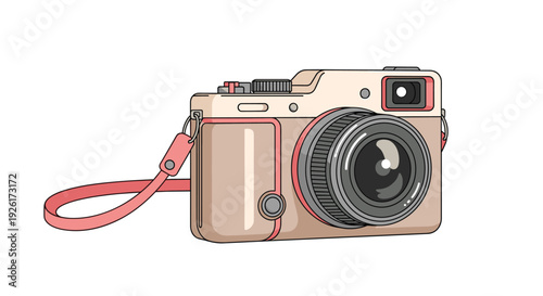A charming cartoon illustration of a modern compact camera with retro styling, featuring pastel colors and a stylish pink strap.