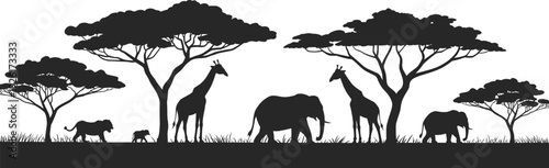 African savanna wildlife silhouettes with giraffes, elephants, lions, and acacia trees for nature, ecosystem, and design themes