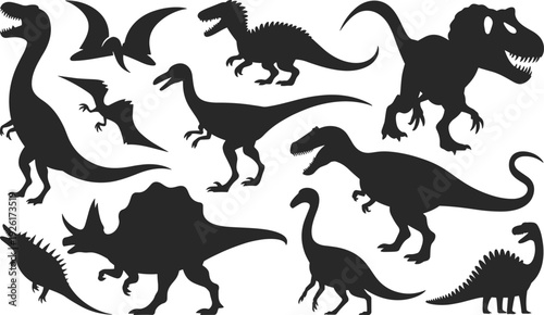 Black dinosaur silhouettes collection featuring Tyrannosaurus, Triceratops, Stegosaurus, Pterosaurs, prehistoric creatures, educational paleontology illustration set
