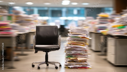 Overwhelmed Office Chair Beside Towering Stack of Paperwork.