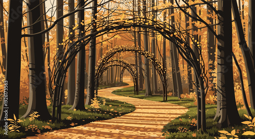 A winding pathway through an autumn forest, adorned with natural archways of intertwined branches, creating a serene and enchanting scene in golden hues.