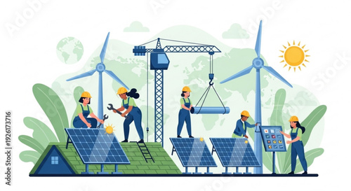 Workers installing solar panels and wind turbines for renewable energy on a green landscape with sunny background