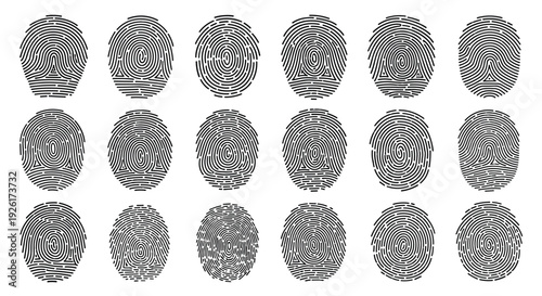 Abstract biometric fingerprint patterns collection, illustrating digital security and personal identification.