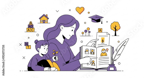 Mother and child engaged in educational activities with books and learning symbols around them