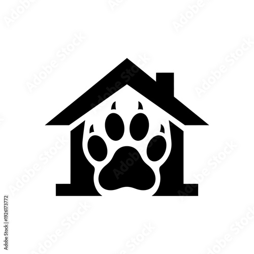 flat silhouette icon of dog paw and house combined symbol, solid black, minimal detail