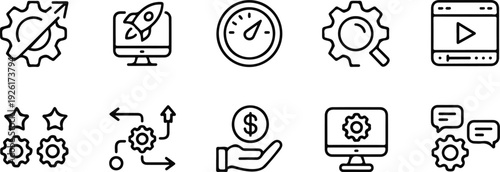 SEO and SEM icon set vector glyph in solid and mix styles for marketing dashboards, ranking, ads, analytics, and keyword workflows