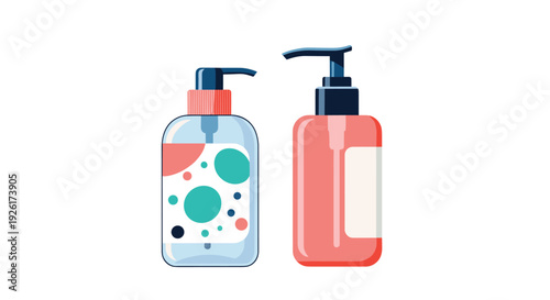 Colorful illustration featuring two distinct pump dispenser bottles, one clear with abstract patterns and another opaque red, used for soap or hand sanitizer.