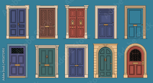 An illustration of ten charming and colorful front doors, featuring different architectural styles and details on a blue background.