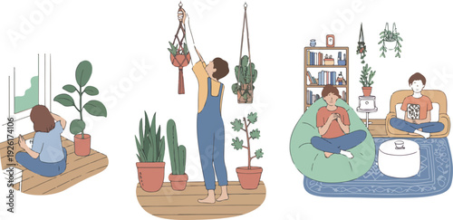 Young men and women at home practicing yoga, meditating, relaxing, reading, baking, and listening to music in flat cartoon style