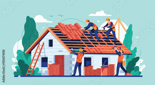 Roofers installing new terracotta tiles on a residential house, demonstrating construction and repair work with teamwork.