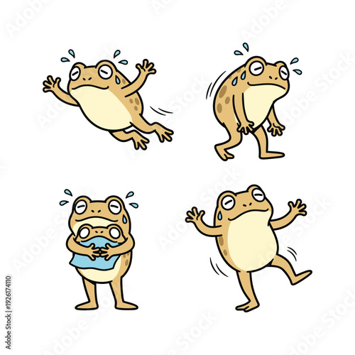 Cartoon frogs experiencing different emotions and actions in a humorous illustration style