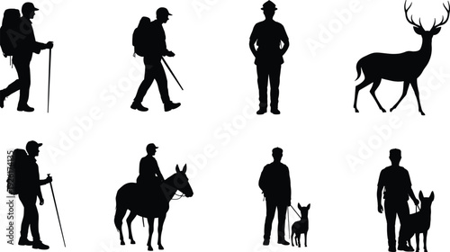 Outdoor silhouettes of hikers, horse rider, dog walkers, park ranger, and deer wildlife icons representing nature adventure activities
