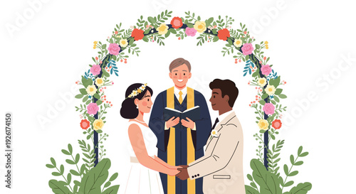 A joyful multiethnic couple celebrates their wedding ceremony under a vibrant floral arch, officiated by a smiling minister.