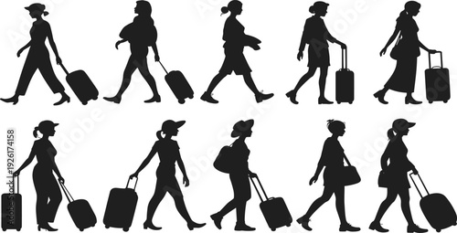Set of black silhouettes featuring women walking with luggage, travel icons, and tourists carrying rolling suitcases