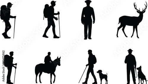 Outdoor hiking silhouettes with backpackers, horse rider, dog walkers, park ranger, and deer wildlife icons for nature exploration themes