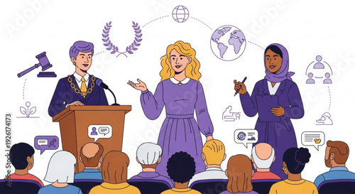 Diverse speakers presenting to an audience with global communication symbols