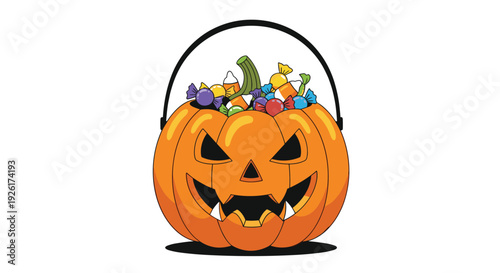 A carved orange jack-o'-lantern candy bucket with a black handle, overflowing with an assortment of colorful Halloween candies.