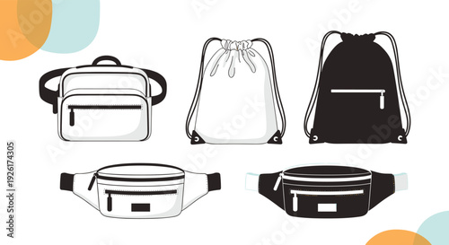 Collection of monochrome bags in flat vector style, featuring shoulder bags, drawstring backpacks, and fanny packs.