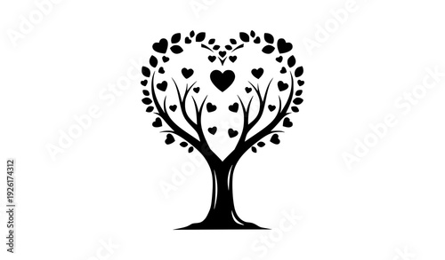 Black and White Love Tree with Heart Shaped Canopy Minimal Vector Illustration on White