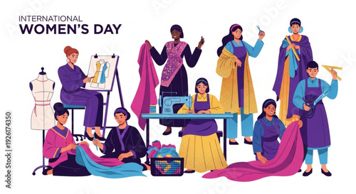 International women's day illustration of diverse women working together in fashion design studio with sewing machines and fabrics