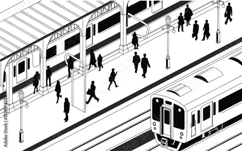 Isometric vector illustration of a modern train station platform with passengers, subway commuters, and transit infrastructure