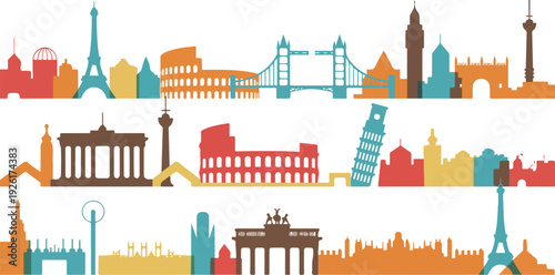 Travel and tourism landmarks vector collection featuring famous buildings, holiday destinations, and global sightseeing locations