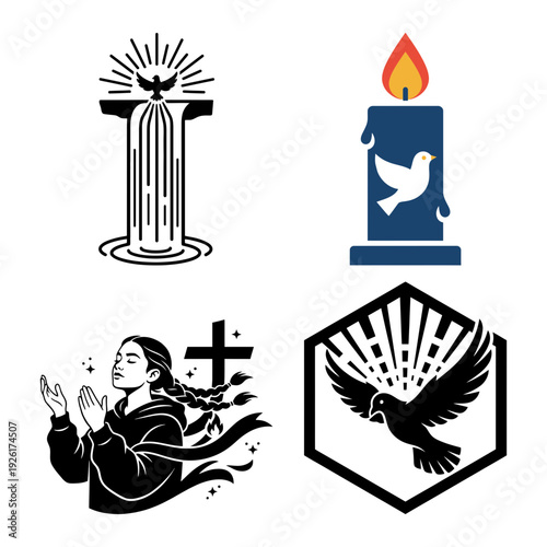 Worship pillar candle praying woman and dove emblem icon bundle