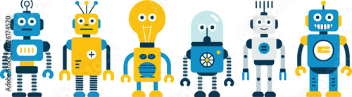 Cute vintage robot toy collection vector banner featuring retro mechanical characters in flat cartoon style