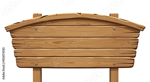 An isolated blank rustic wooden signpost with a weathered texture and curved top is ready for custom text or a message.