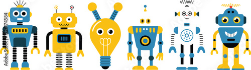 Cute vintage robot toy collection vector banner featuring retro mechanical characters in flat cartoon style