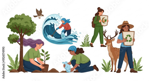 Eco friendly people planting trees and holding environmental signs with animals and nature