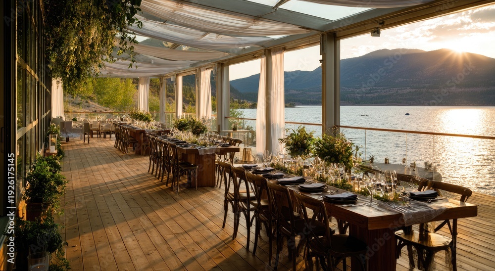 Fototapeta premium Elegant Lakeside Wedding Reception Setup at Sunset.