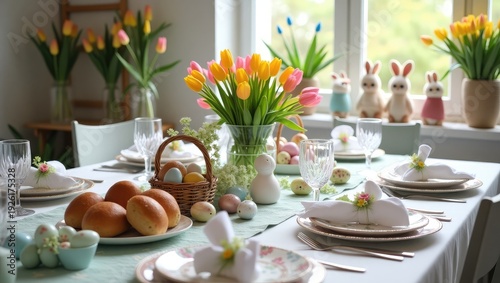 Wallpaper Mural Colorful easter table setting with flowers eggs and bunnies on a sunny day Torontodigital.ca