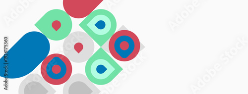 Abstract geometric shapes, circles, squares, overlapping colors. Minimalist design, clean aesthetic, modern composition. Bright hues present.