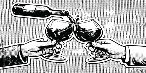 A hand holding a crystal glass of red wine at a restaurant table during a celebratory party with bottles and beverages