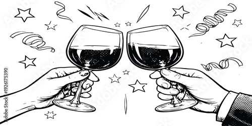 A celebration at a restaurant featuring two hands raising crystal glasses of champagne alongside isolated wineglass objects filled with red merlot and white wine