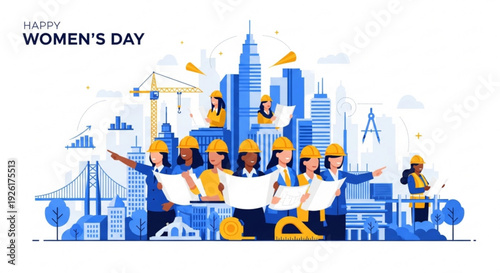 Women in construction celebrating international women's day with blueprints and hard hats in urban landscape