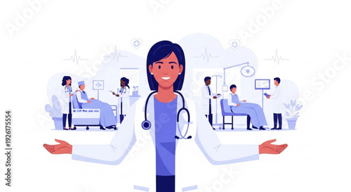 Female doctor in white lab coat with stethoscope presenting a hospital scene with patients and medical staff in the background