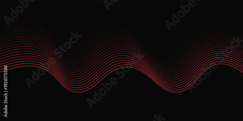 Red glowing graphic wave on black background. Luxury design template with red flowing wavy line design and text arrangement. Red Black modern background