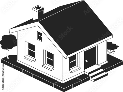 Isometric vector illustration of a modern residential house with garden trees, chimney, and suburban home architecture